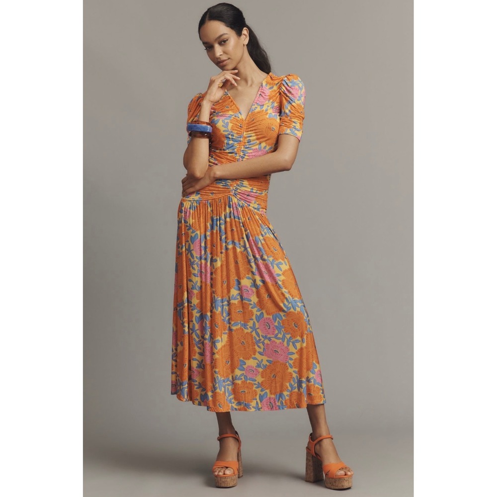 NWT Farm Rio Anthropologie Peony Floral Ruched Midi Dress Sz XS Colorful Stretch